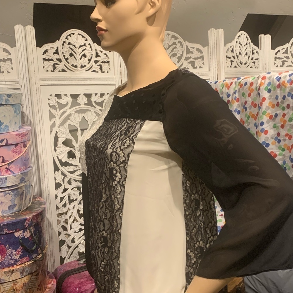 Style & Co Woman Blouse Black Cream Mixed Media Color-Block 3/4 Sleeves Plus 1X - Picture 7 of 8